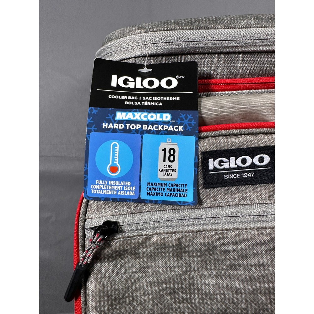 Igloo MaxCold Hard Top Backpack Cooler 18 Can Insulated Bag Grey Red NEW - Picture 2 of 9